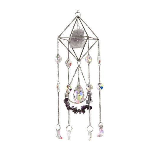 Decorative hanging crystal mobile with geometric design on a white background