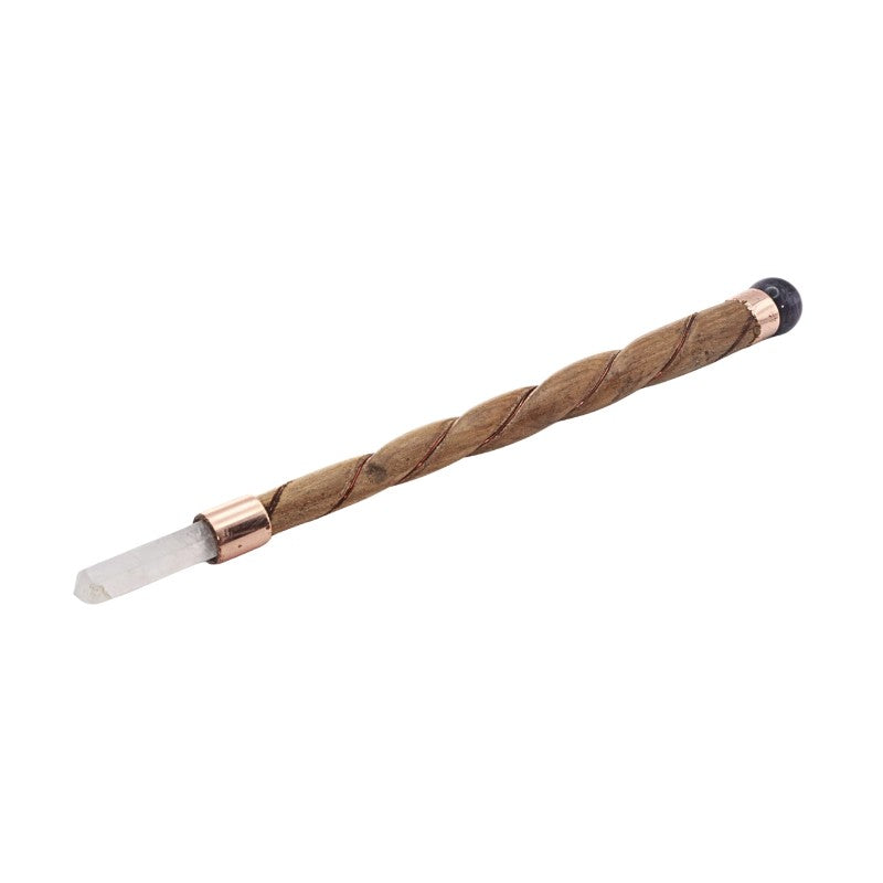  Polished Wooden Wand With amethyst ball at top and Rose Quartz Tip