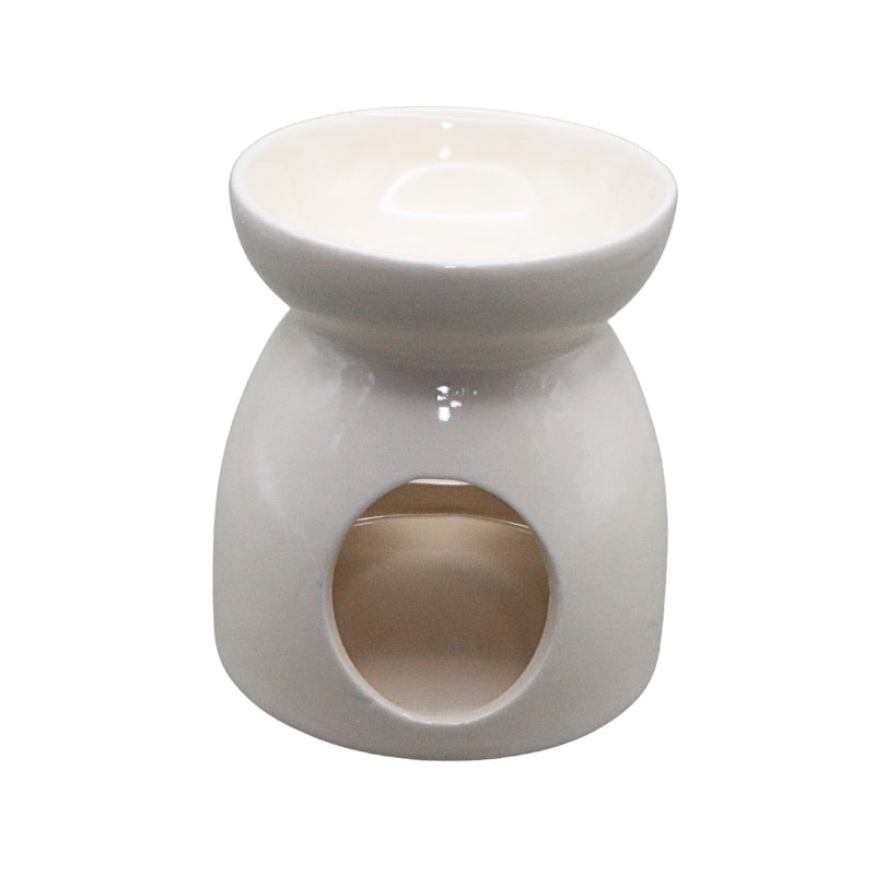 A white ceramic oil burner with a bowl-shaped top and a circular opening on the front base, shown against a plain white background.