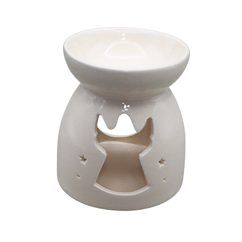 A white ceramic wax warmer with a angel -shaped cutout on the front, featuring a shallow top bowl and small star cutouts on the sides, shown against a plain white background.