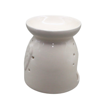 A white ceramic oil burner with a flared top and small star-shaped cutouts on the side, shown against a plain white background.