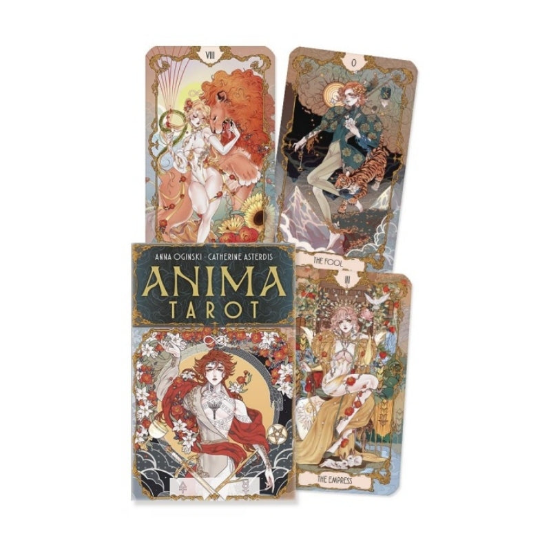 Anima Tarot deck with four illustrated tarot cards and the card box displayed on a plain white background. The box reads 'ANIMA TAROT' and shows the authors' names Anna Oginski and Catherine Asterdis