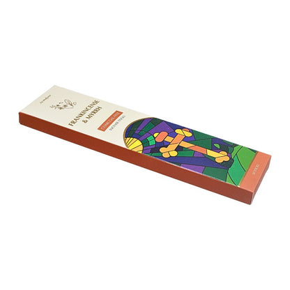 colourful incense box with patterned cross on front & Frankincense & Myrrh label