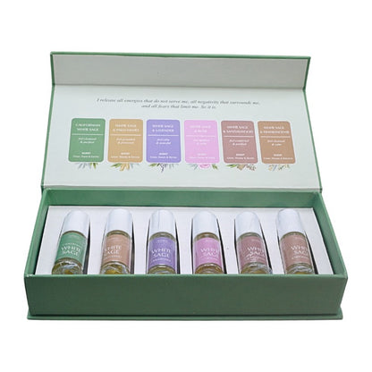 white and green packaging with 6 bottles of aromatherapy oil inside