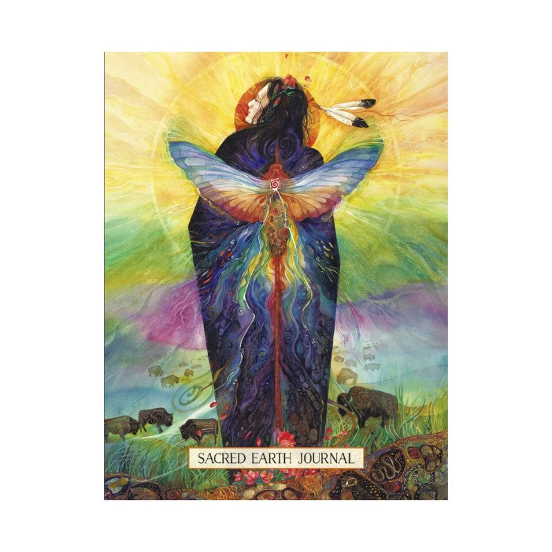 Cover of 'Sacred Earth Journal' with a colorful illustration of a person with butterfly wings against a bright background.
