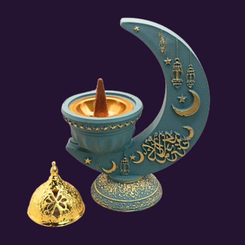 blue and gold incense burner in the shape of a crescent moon