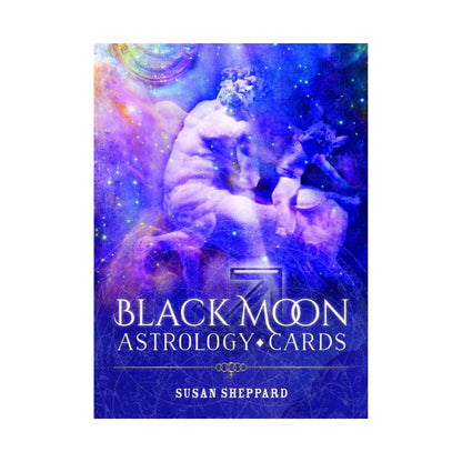 Book cover of 'Black Moon Astrology Cards' by Susan Sheppard with celestial design