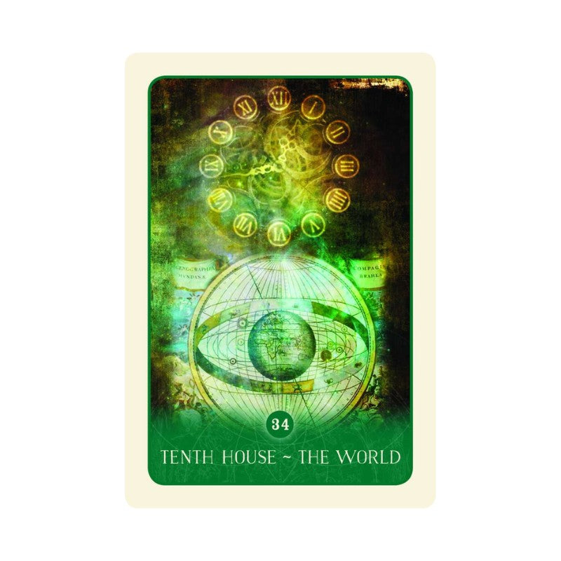 Tarot card with astrological symbols and 'Tenth House - The World' text on a green background