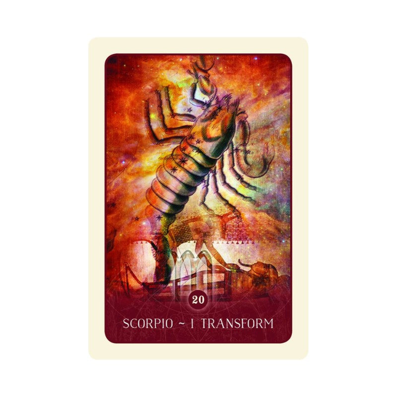 Tarot card featuring the Scorpio zodiac sign with a colorful design on a white background