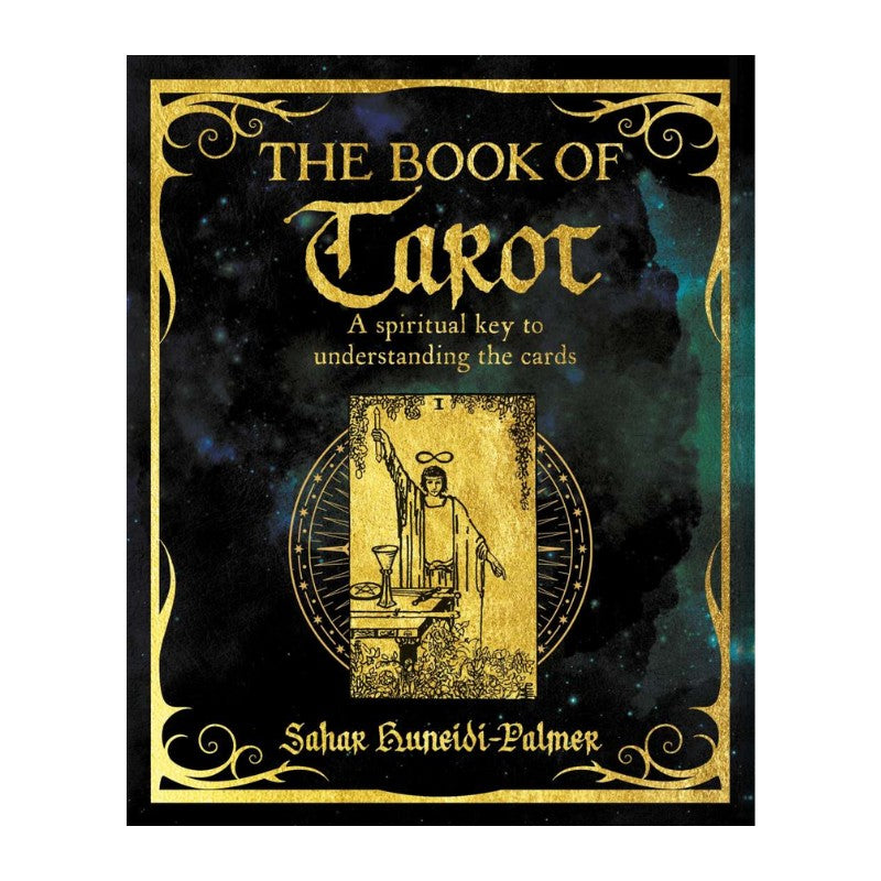 Book cover of 'The Book of Tarot' with gold text and design on a dark background