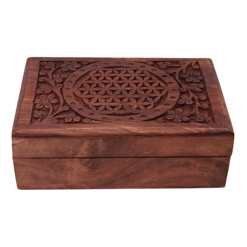 carved wooden box with flower of life design