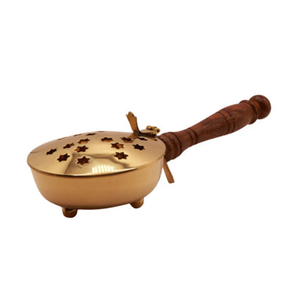 Brass Charcoal Incense Burner With Wooden Handle