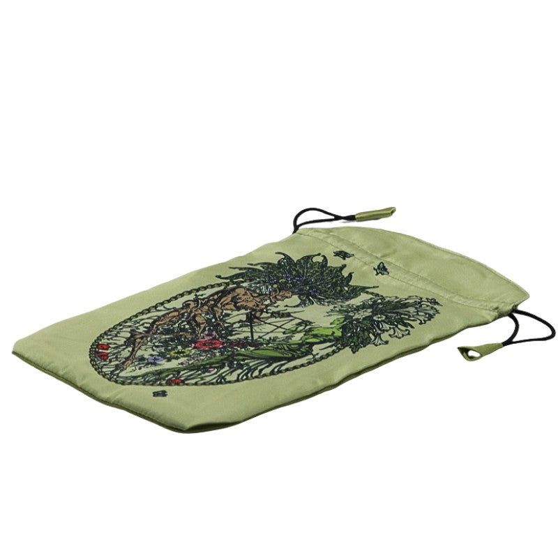 green satin tarot bag with a tree spirits holding a pentacle