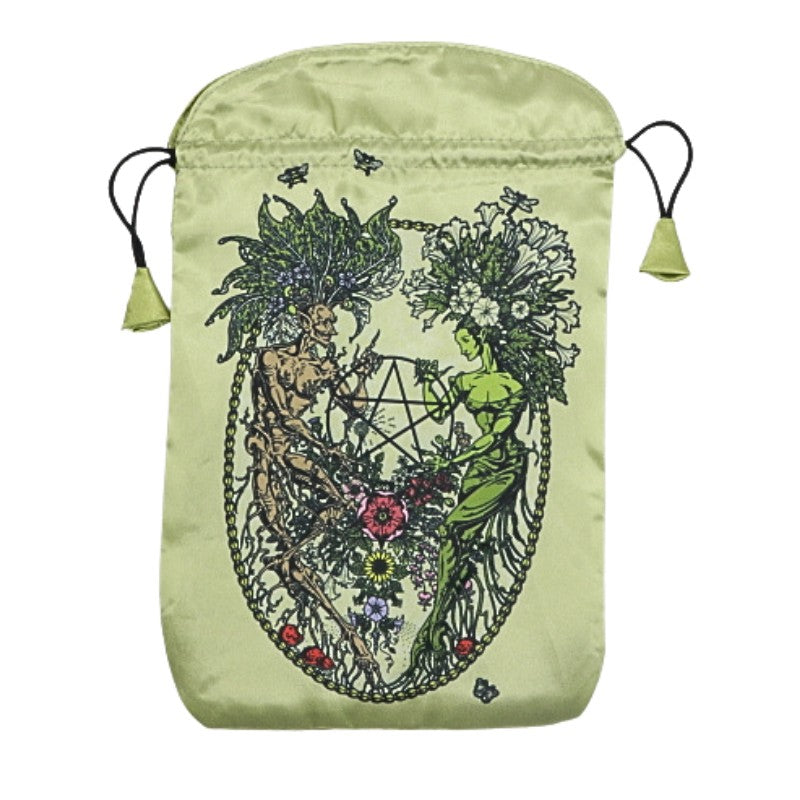 green satin tarot bag with a tree spirits holding a pentacle