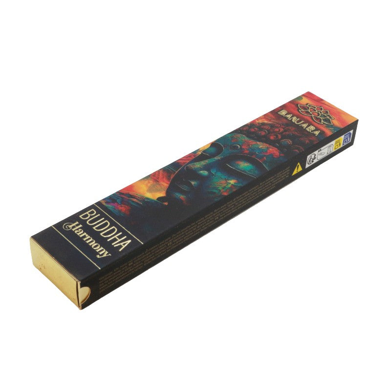 Box of Buddha Harmony incense sticks with colorful design on a white background