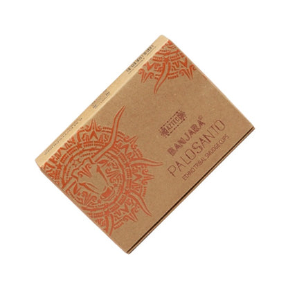 Brown packaging of Banjara Palo Santo with decorative design on a white background