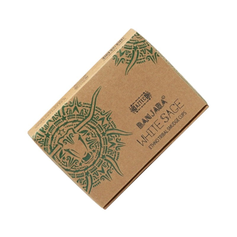 Brown cardboard box with green designs and text on a white background