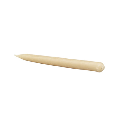 A single beige wax taper candle with a conical tip, shown diagonally on a plain white background.