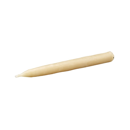 A single beige wax taper candle with a conical tip, shown diagonally on a plain white background.
