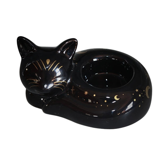 Black cat-shaped tealight holder with star and moon designs on a white background