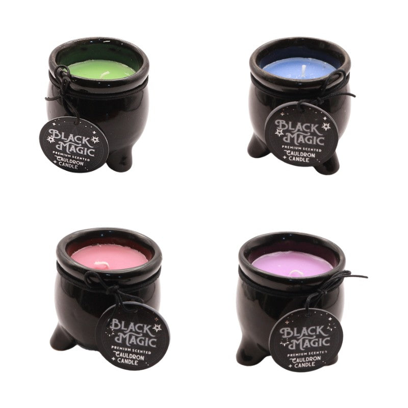 4 coloured candles housed in black ceramic cauldrons 