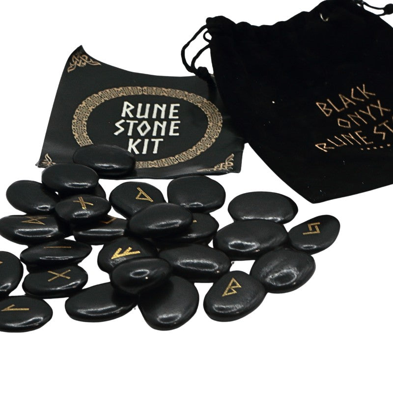 Black onyx rune stones with bags labeled 'Rune Stone Kit' and 'Black Onyx Rune Set' on a white background.