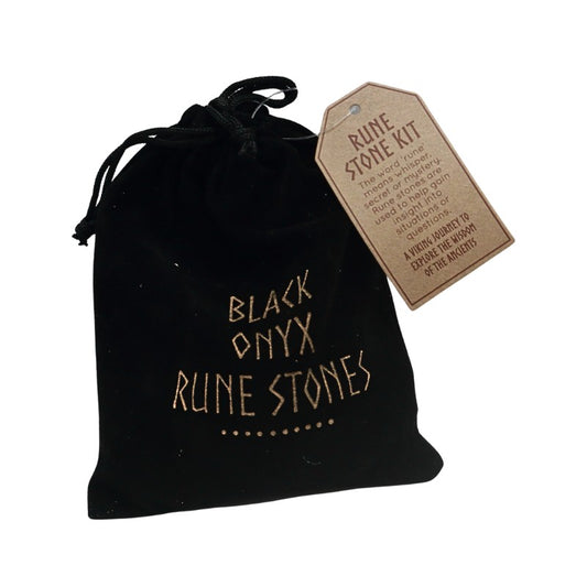Black drawstring bag with 'Black Onyx Rune Stones' text and a tag on a white background