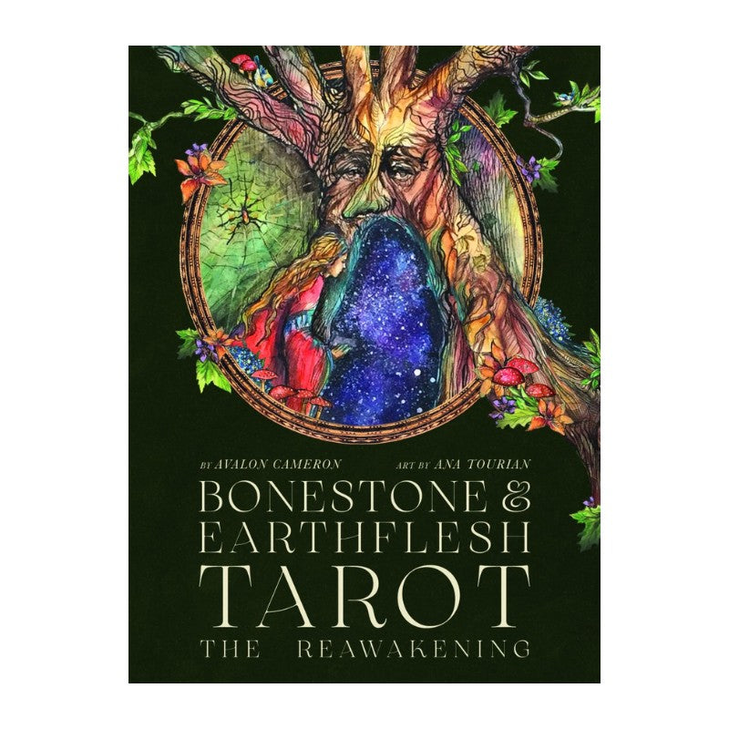 Cover of 'Bonestone & Earthflesh Tarot: The Reawakening' with a colorful illustration of a face surrounded by nature elements.