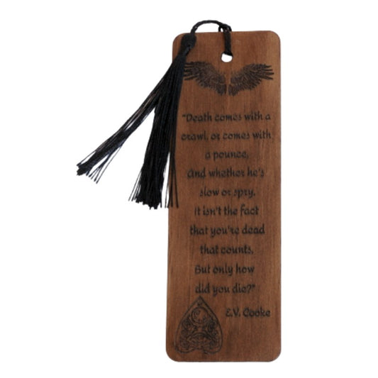 handmade wooden bookmark with black tassel with part of poem writen on front