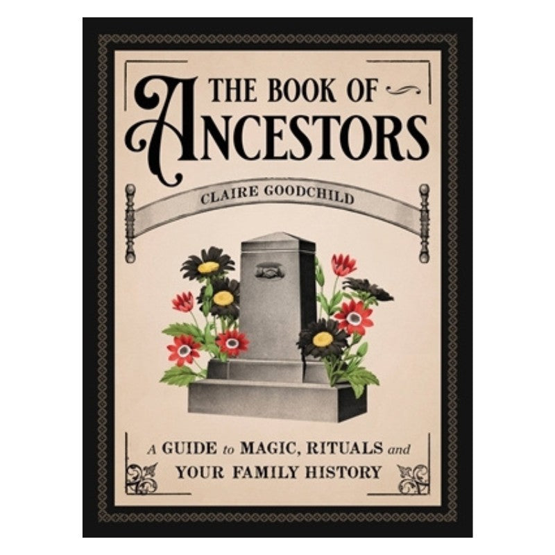 front cover of the "Book of Ancestors" featuring a tomb stone with flowers surrounding it