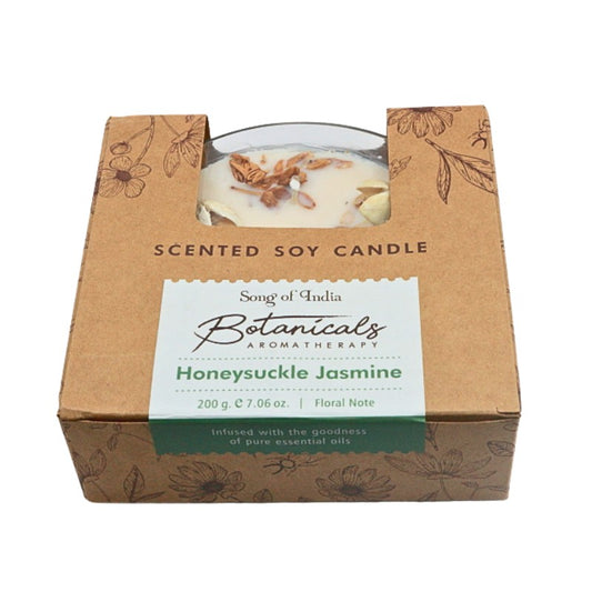 Scented soy candle in a cardboard box with Botanicals Aromatherapy branding.