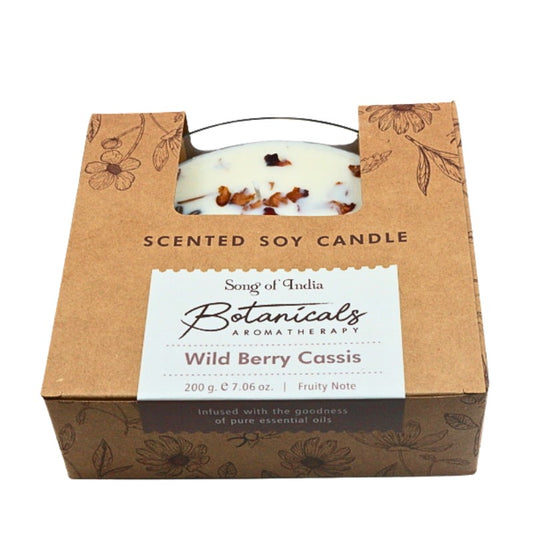 Scented soy candle in a brown cardboard box with botanical design, featuring 'Song of India Botanicals Aromatherapy' on a white background.