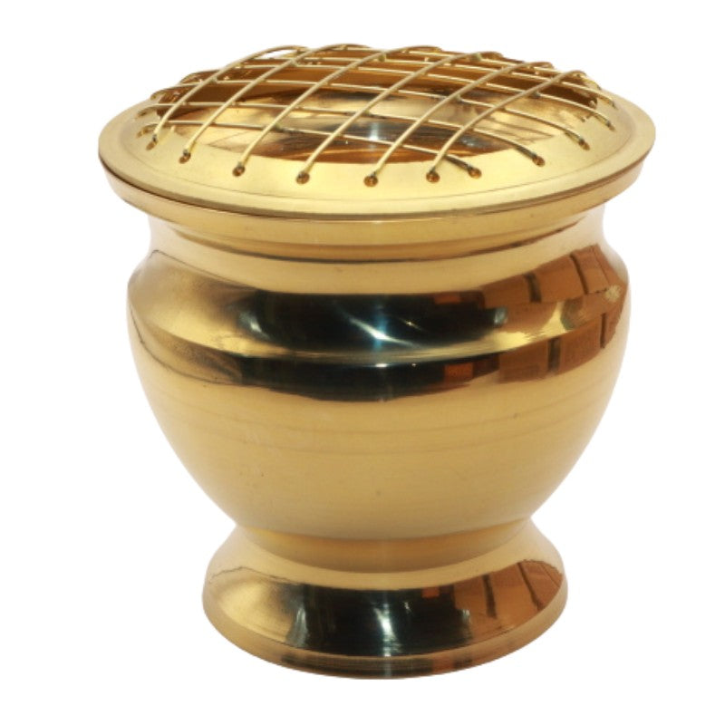 brass charcoal burner with mesh lid on white background