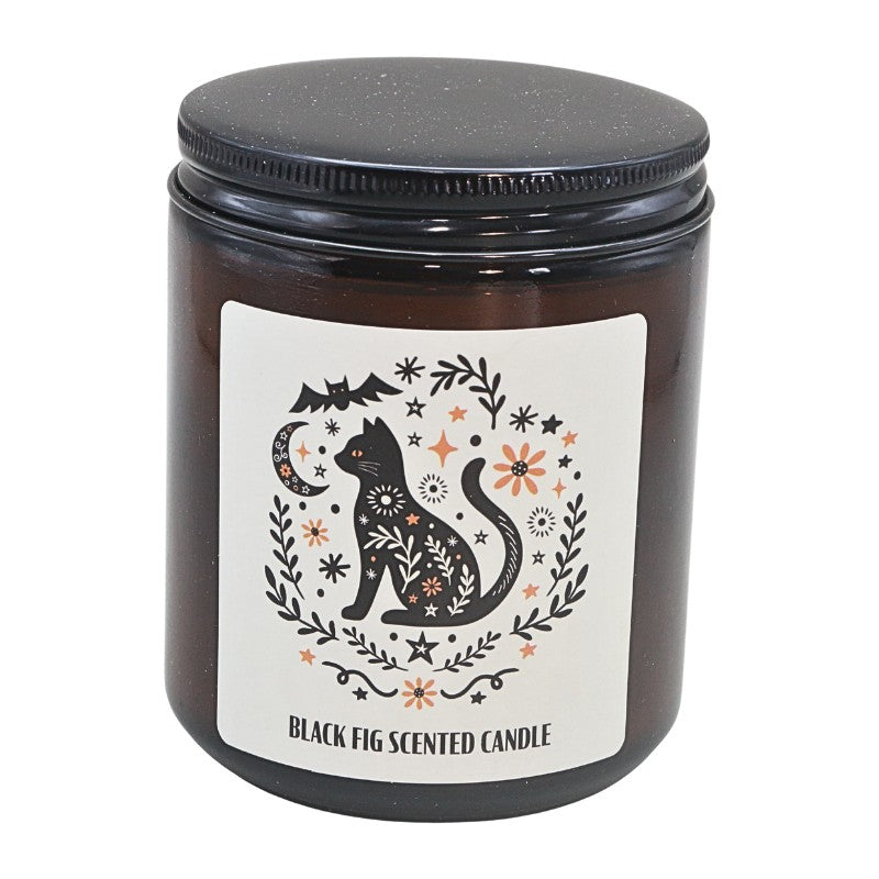 amber coloured jar with a white label with black and orange cat and floral design.