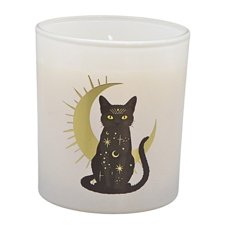 Glass candle jar with a black cat and gold moon design