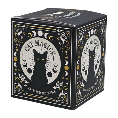 Black candle box with white and gold writing and black cat image 