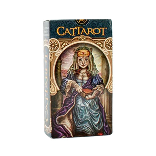 Cattarot tarot card box with a cat in a purple dress and headpiece on a white background