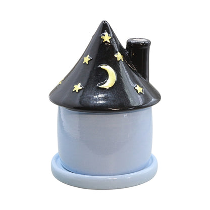 blue round house shaped incense cone holder with gold stars on a white background