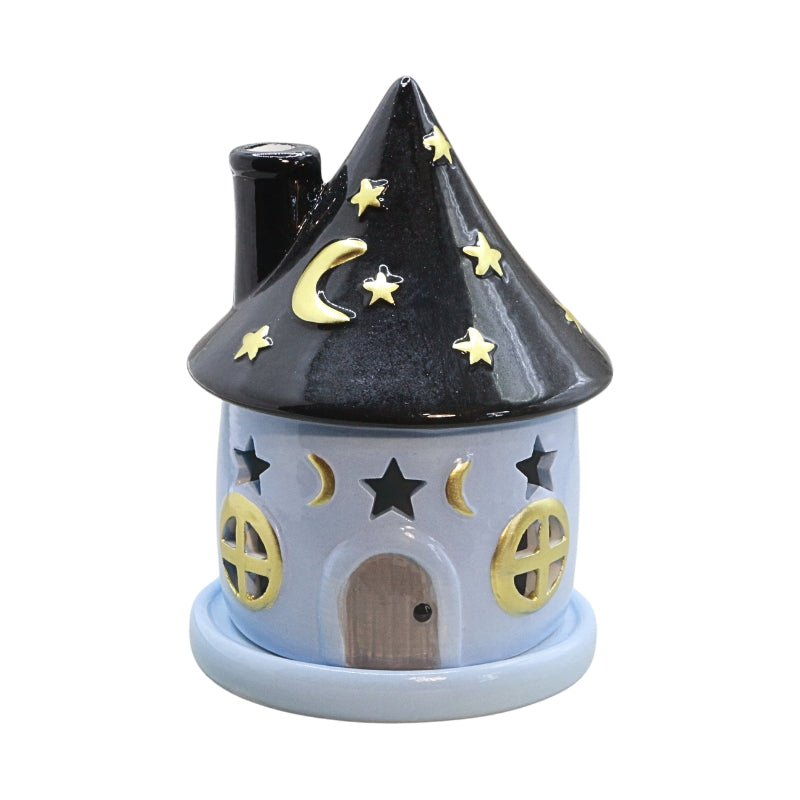 blue round house shaped incense cone holder with gold stars and windows and a grey door, on a white background
