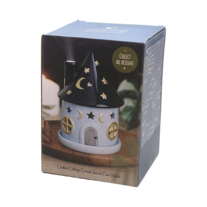 packaging box for a 'celestial cottage ceramic incense cone holder" on a white background