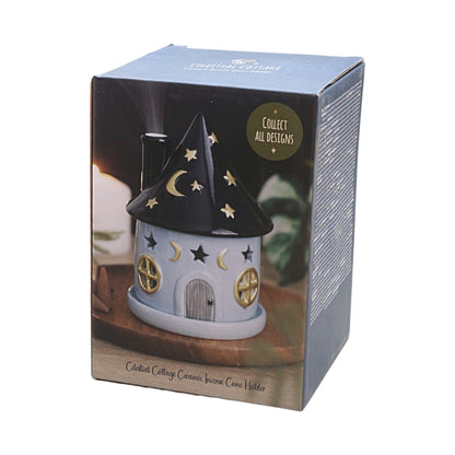 packaging box for a 'celestial cottage ceramic incense cone holder" on a white background