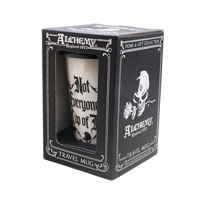 A black branded presentation box with a clear window showing a white travel mug inside. The mug has black gothic-style text and skull artwork.