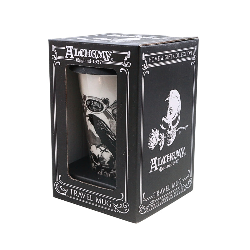 Alchemy England 1977 travel mug in its original black window box packaging, featuring a gothic skull and raven design.