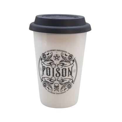 A reusable white coffee mug with a black lid, featuring a black gothic-style 'POISON' label with an alchemy design.