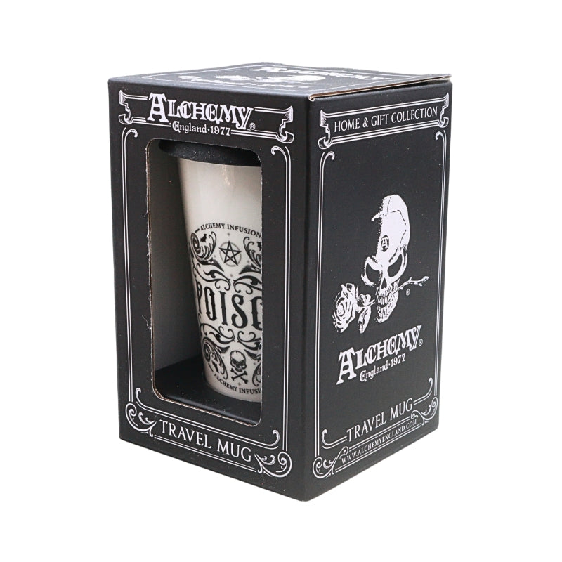 A white ceramic travel mug with black gothic-style illustrations and text, presented inside a black branded Alchemy England gift box on a white background.