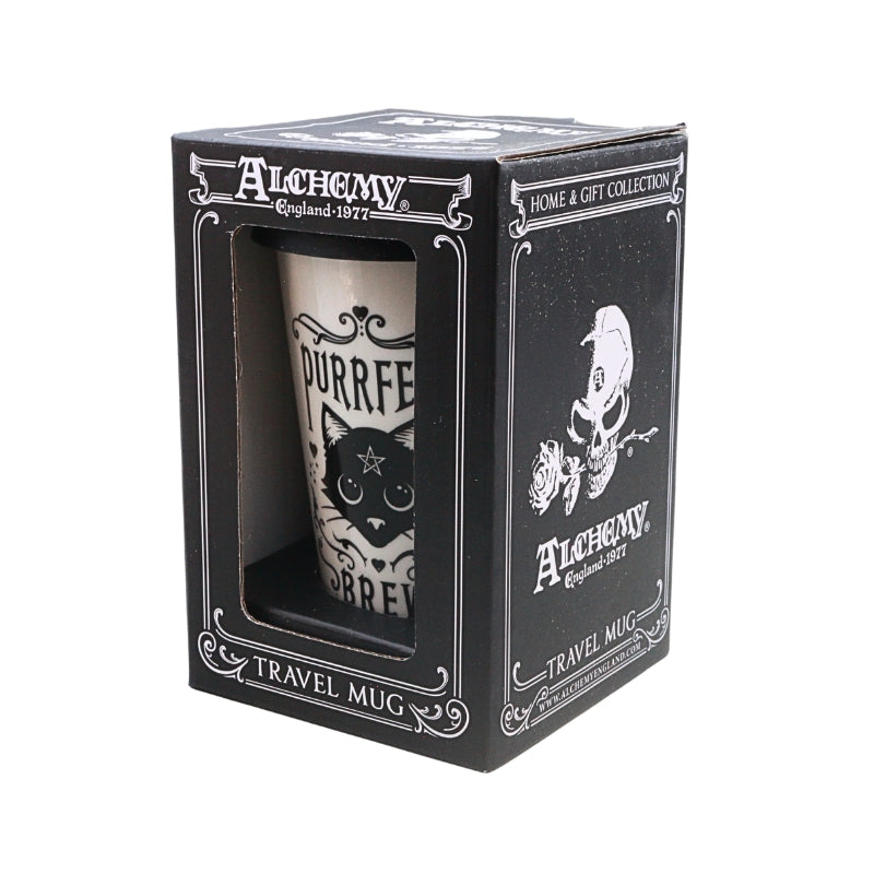 A black Alchemy Home & Gift Collection travel mug in its original retail packaging, featuring a window that reveals a white ceramic mug with a black cat illustration and gothic lettering.