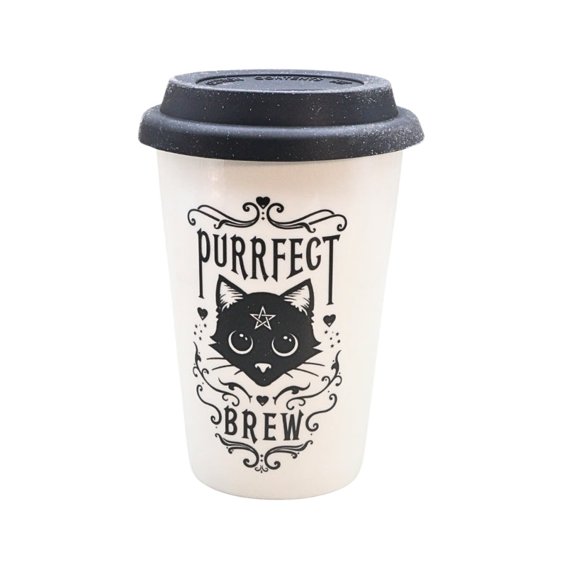 A white reusable travel mug with a black lid, featuring a black graphic of a cat's face and the words 'PURRFECT BREW' in an ornate font.