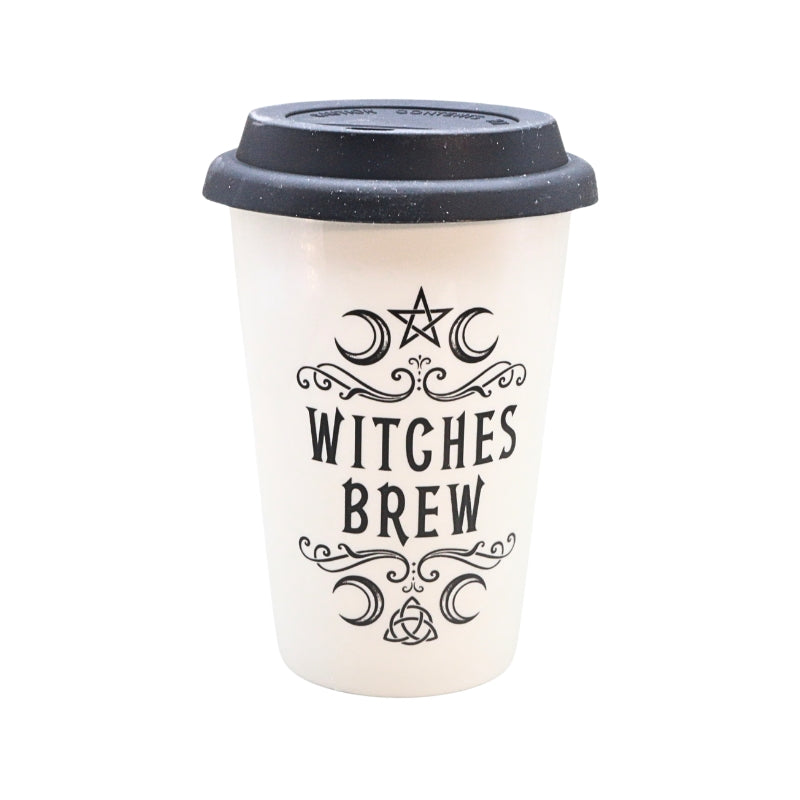 An off-white reusable coffee cup with a black lid, featuring a black printed graphic of crescent moons, a pentagram, and the words 'WITCHES BREW'.