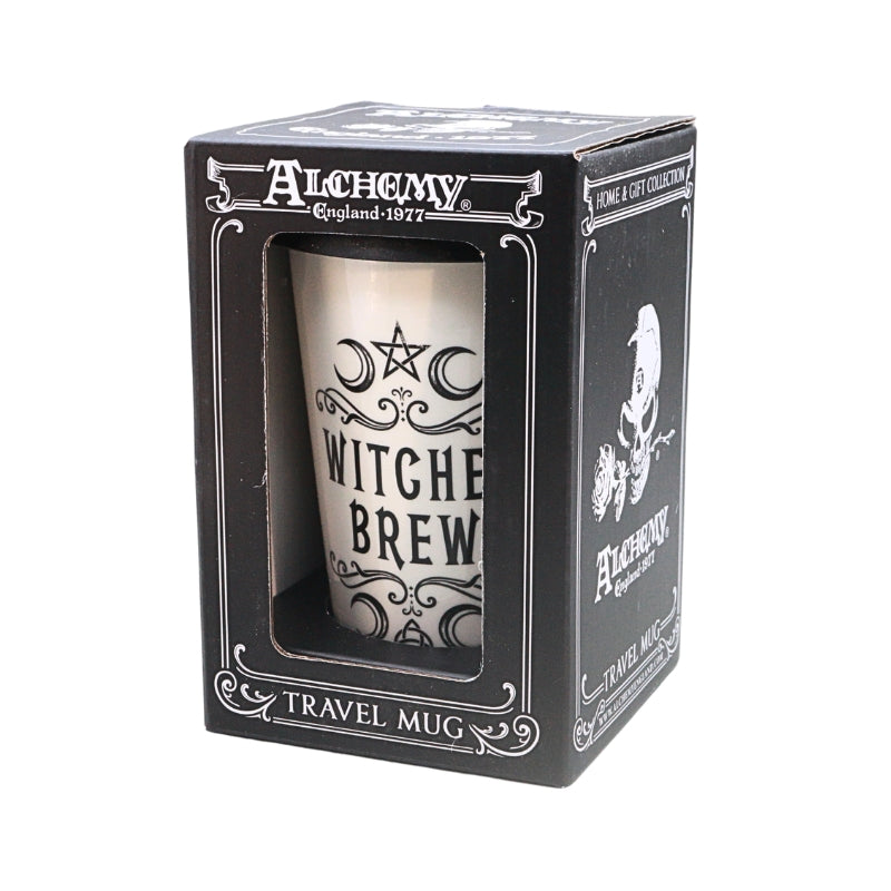 Alchemy Witch Brew Travel Mug in its original black window box packaging, featuring a white ceramic mug with black gothic lettering and celestial designs.