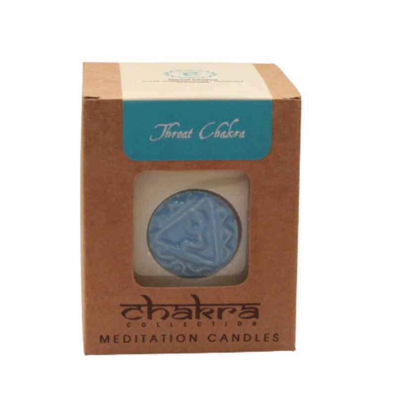 Throat chakra meditation candle in brown box